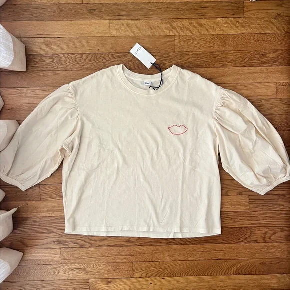 CLARE V. Embroidered Detail Balloon Sleeve Cotton Tee - Picture 7 of 8